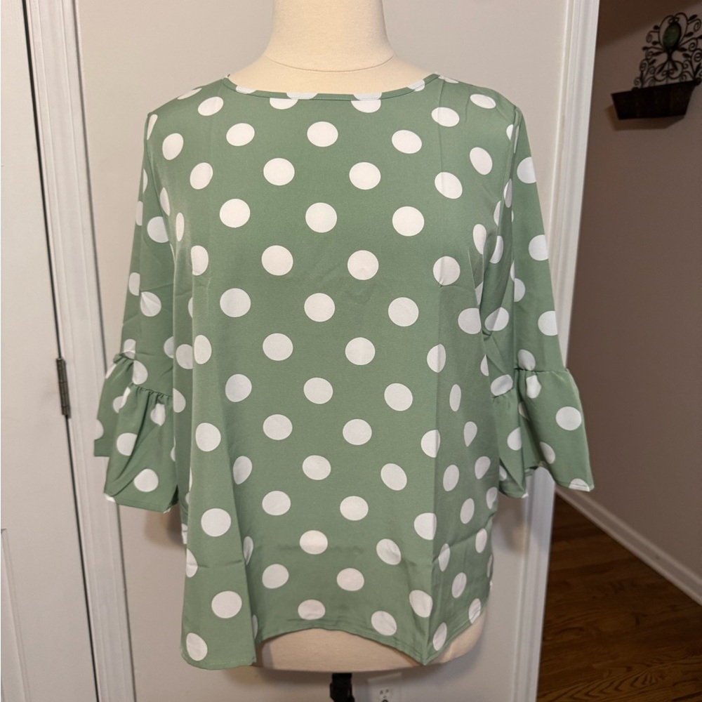 Polka Dot Ruffle Sleeve Top - Sage Green